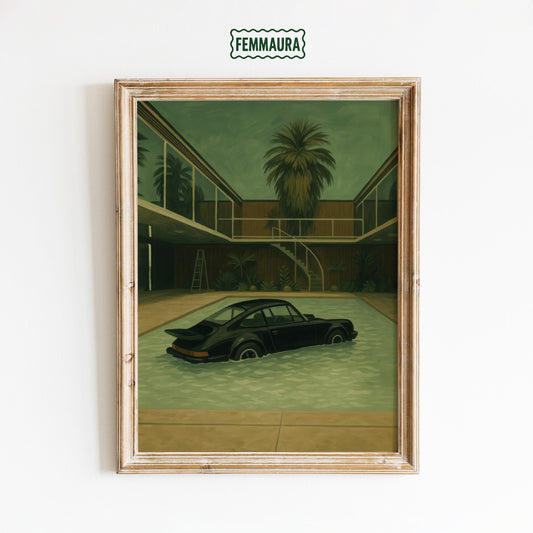 Black Porsche Wall Art - Retro Car Poster | Poolside Vintage Auto Print