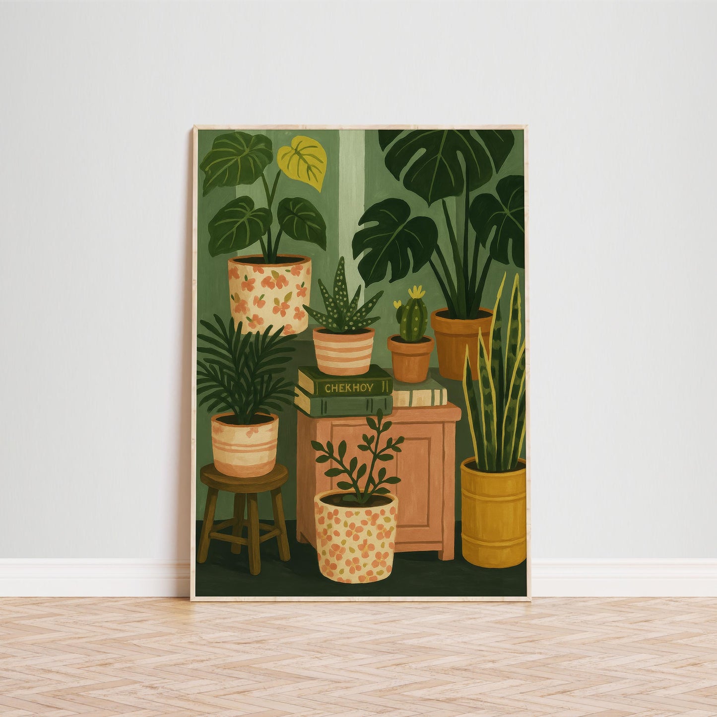Indoor Plants and Books Poster – Cozy Botanical Still Life Art, Green Plant Corner Wall Decor, Calm Home Aesthetic Print