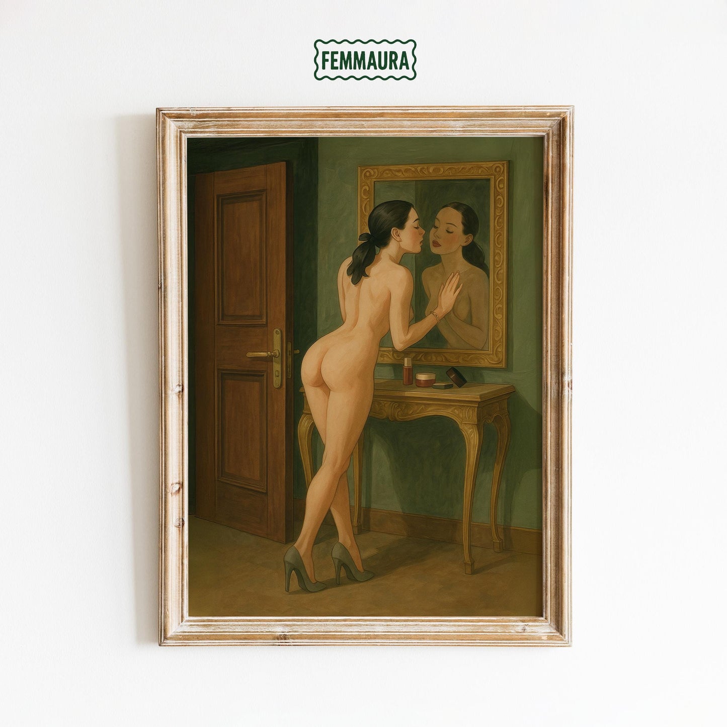 Sensual Feminine Art Print – Woman Kissing Mirror Vintage Intimate Poster