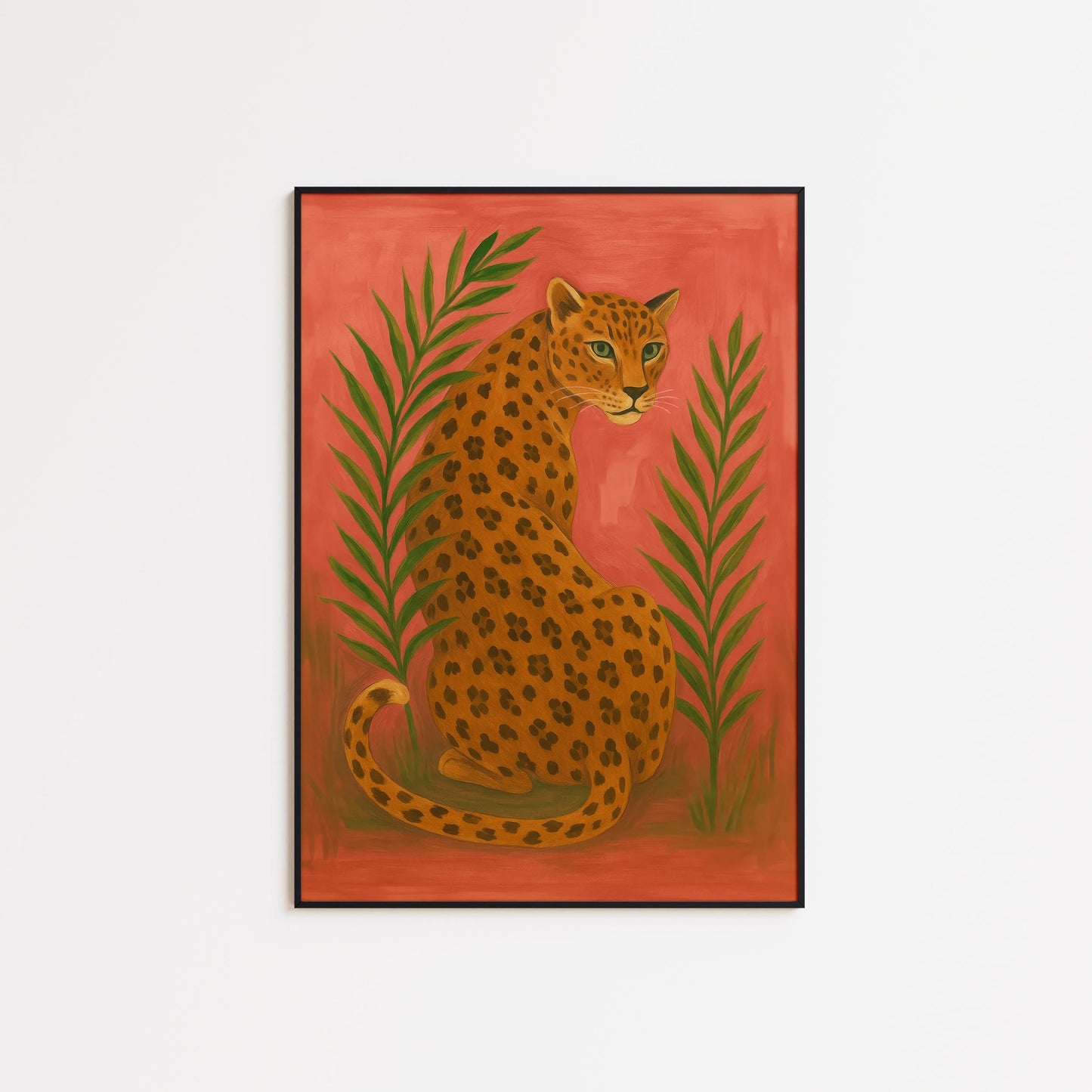 Golden Leopard Wall Art – Vibrant Red Background With Palm Leaf Artwork Print