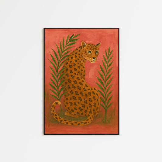 Golden Leopard Wall Art – Vibrant Red Background With Palm Leaf Artwork Print