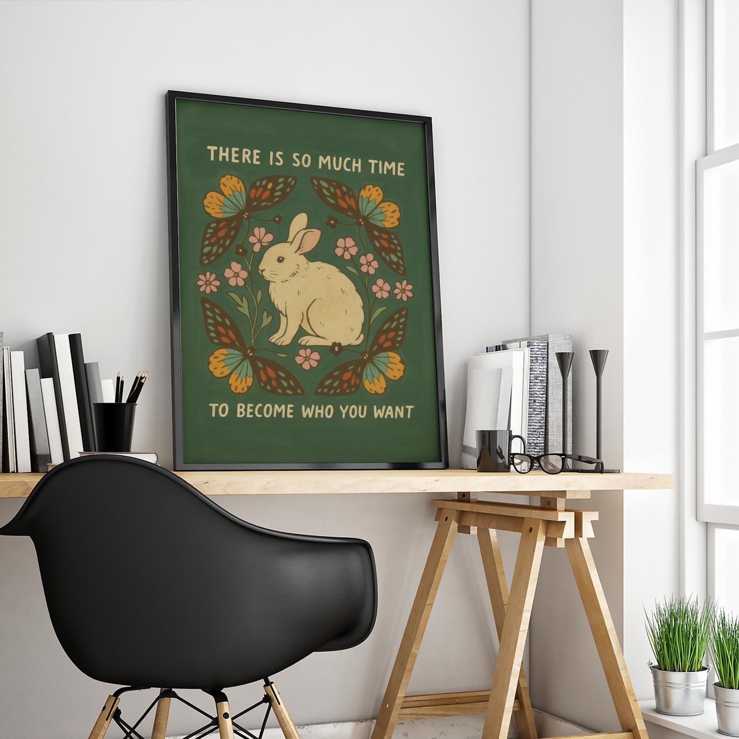 Inspirational Quote Poster – Folk Art Print With Rabbit & Butterfly Wall Decor