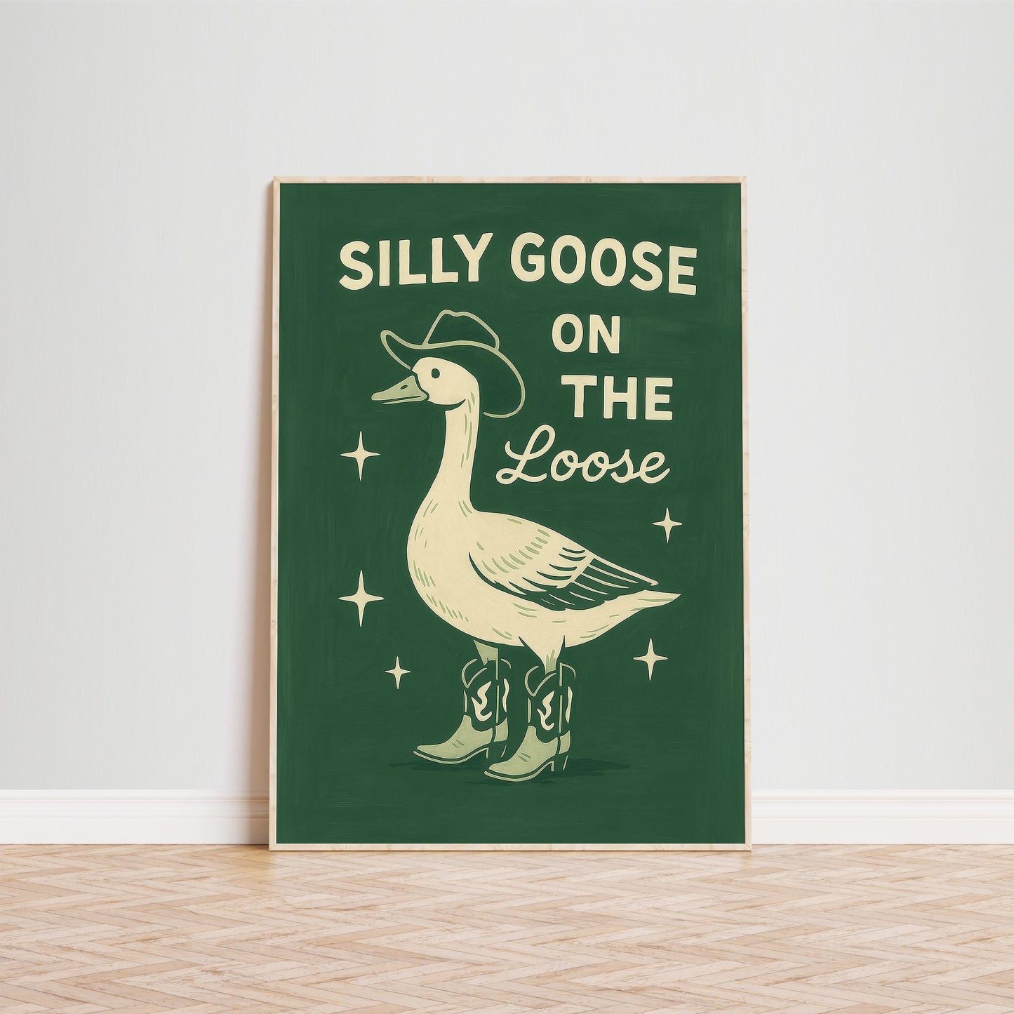 Quirky Retro Wall Art – Playful Goose Print With Vintage Green Poster
