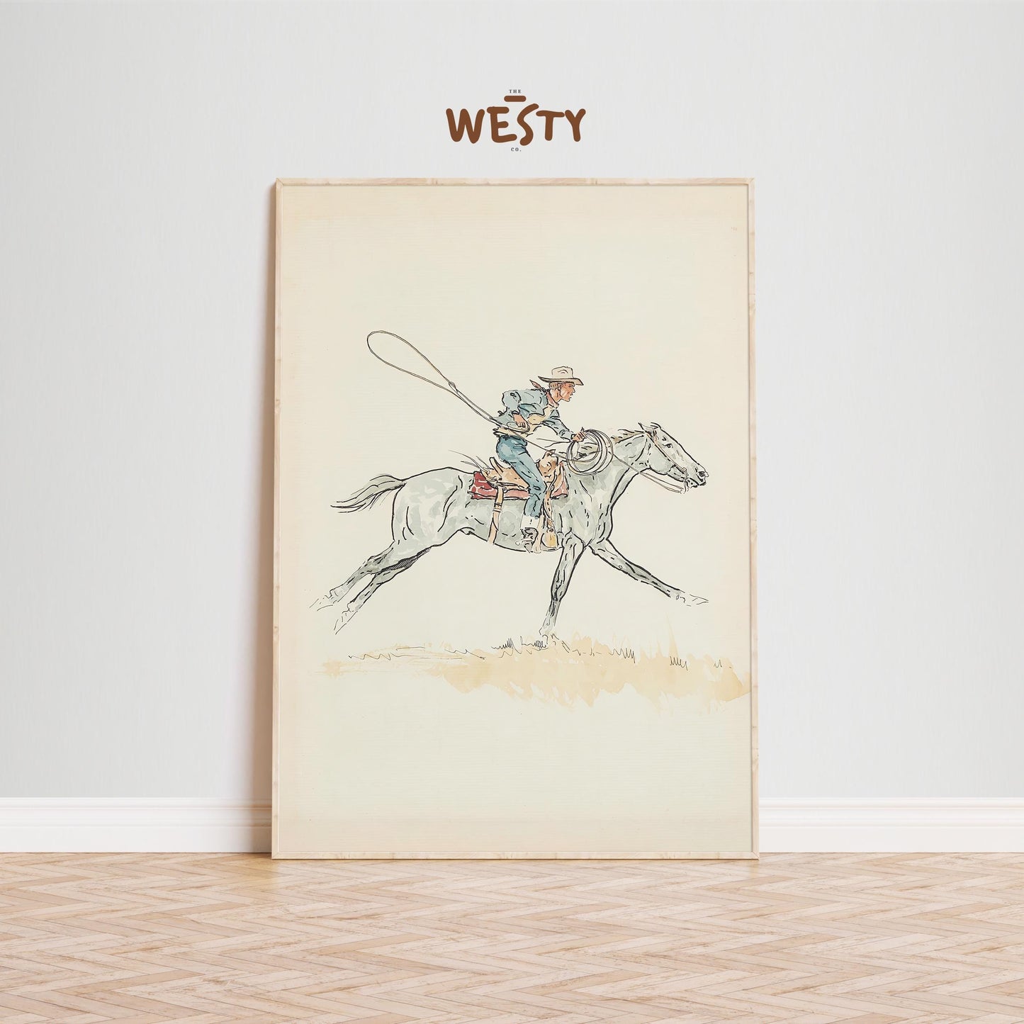 Vintage Cowboy Roping Art – Western Horse Illustration Print