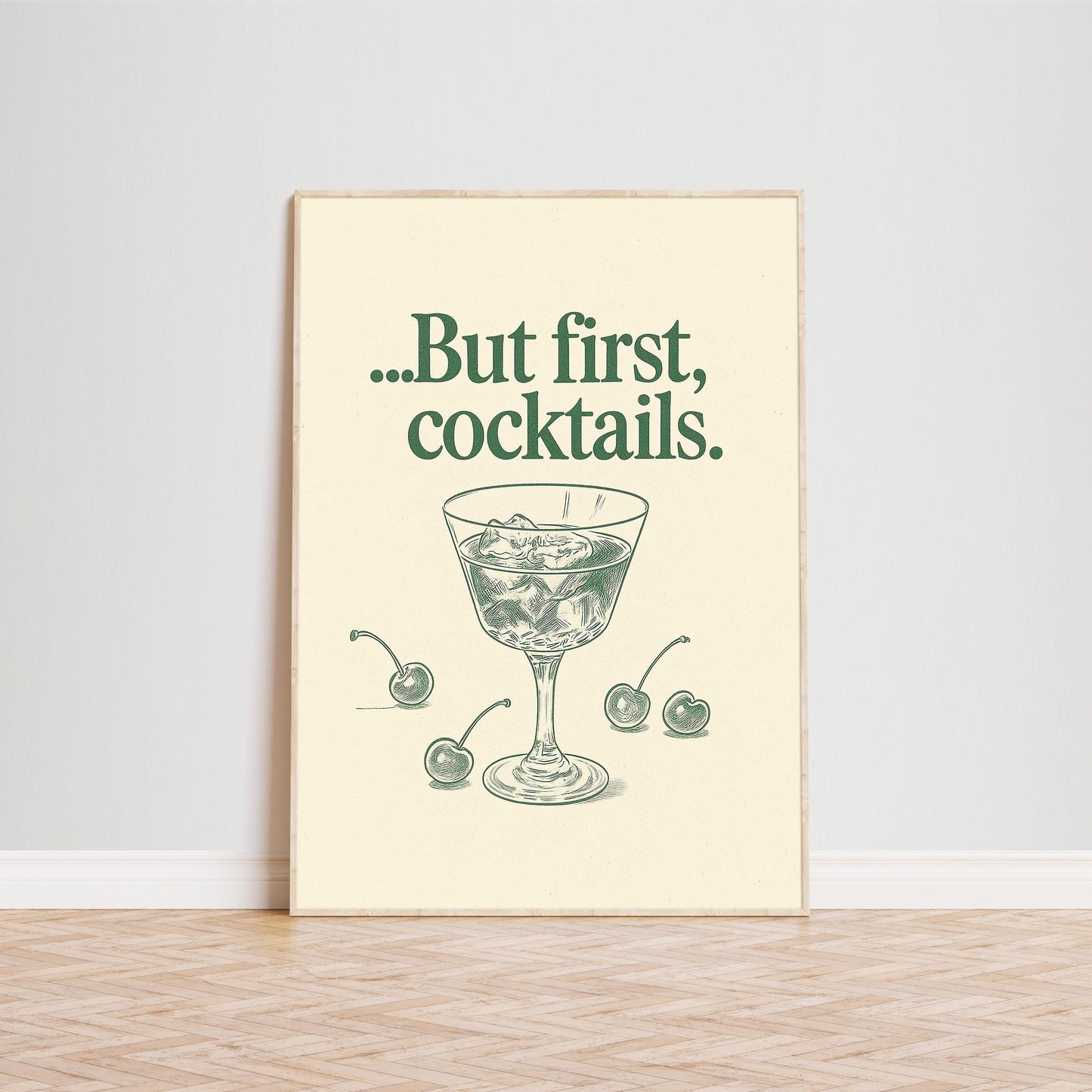 But First, Cocktails Poster – Vintage Bar Quote Print, Minimal Kitchen Wall Art