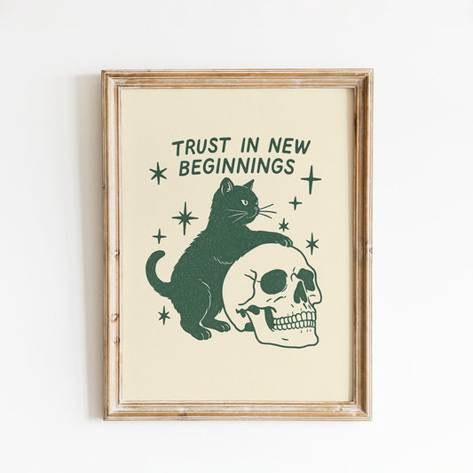 Trust in New Beginnings – Gothic Minimal Cat Poster, Witchy Spiritual Wall Art