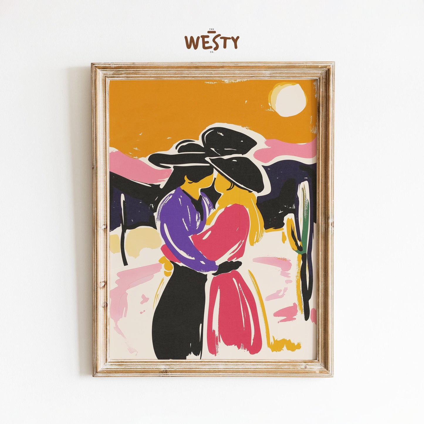 Sunset Cowgirls Kiss – Colorful Western Love Poster