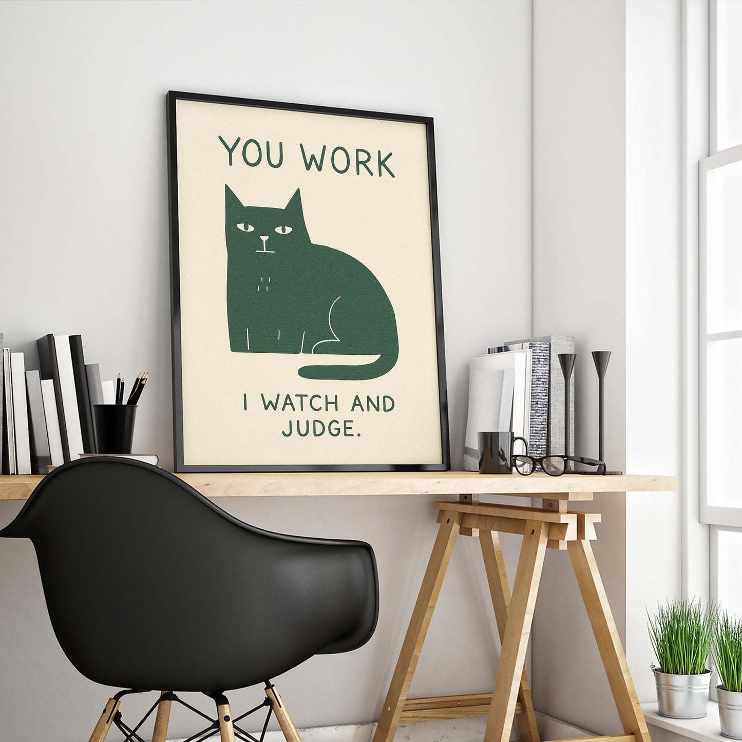You Work I Watch and Judge Poster – Funny Cat Wall Art, Minimal Retro Home Office Decor