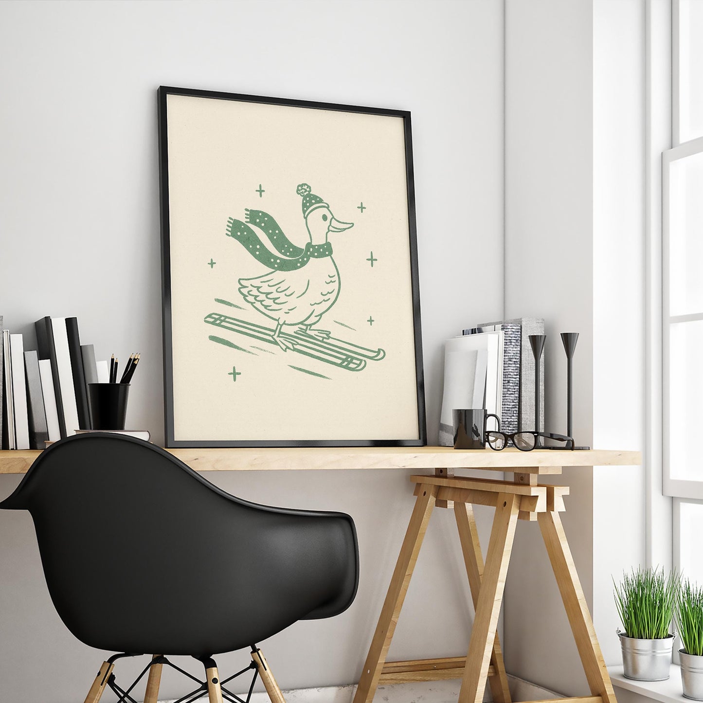Skiing Duck Poster – Winter Minimal Line Art Wall Print
