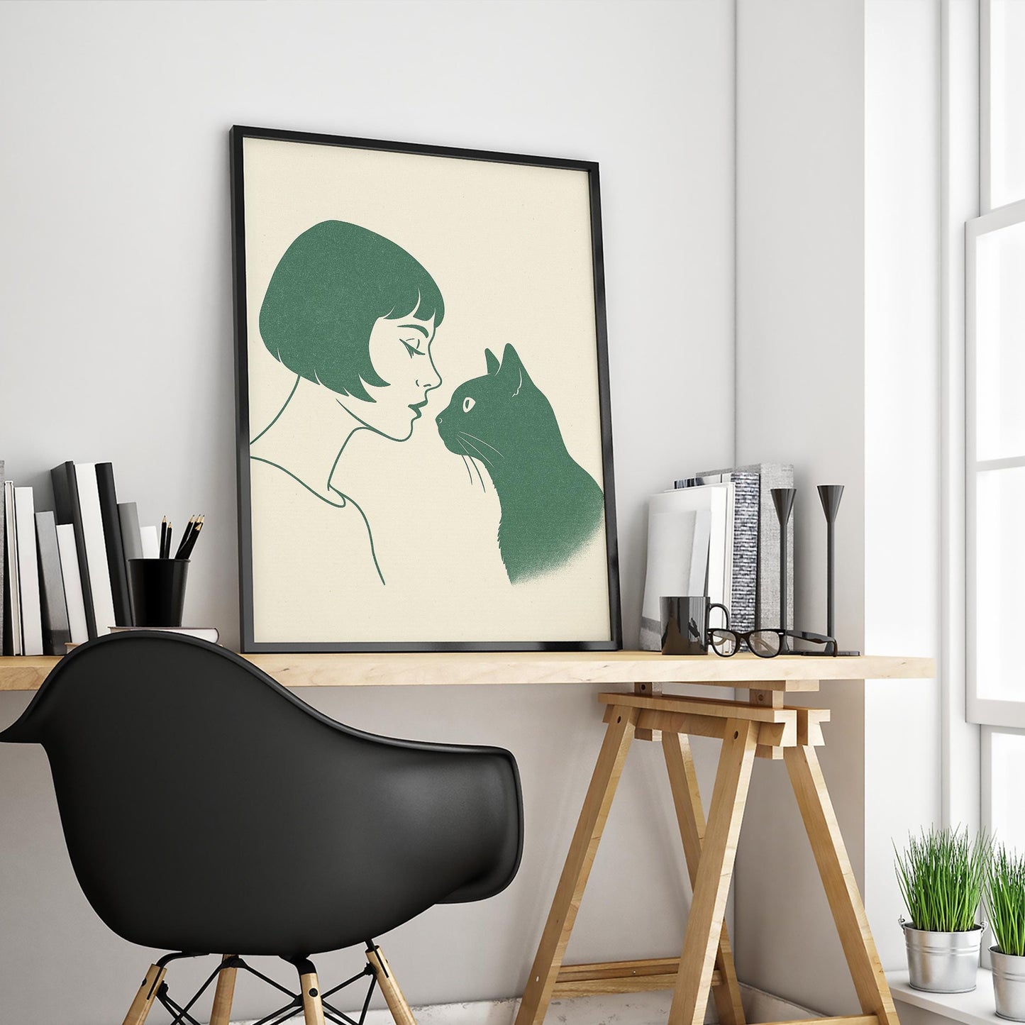 Woman and Cat Minimalist Poster – Emotional Line Art Print, Cozy Neutral Wall Decor