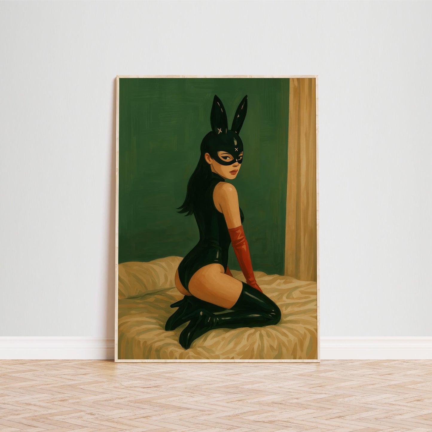 Femme Fatale Poster – Bunny Mask Art | Seductive Wall Print for Bedroom Decor