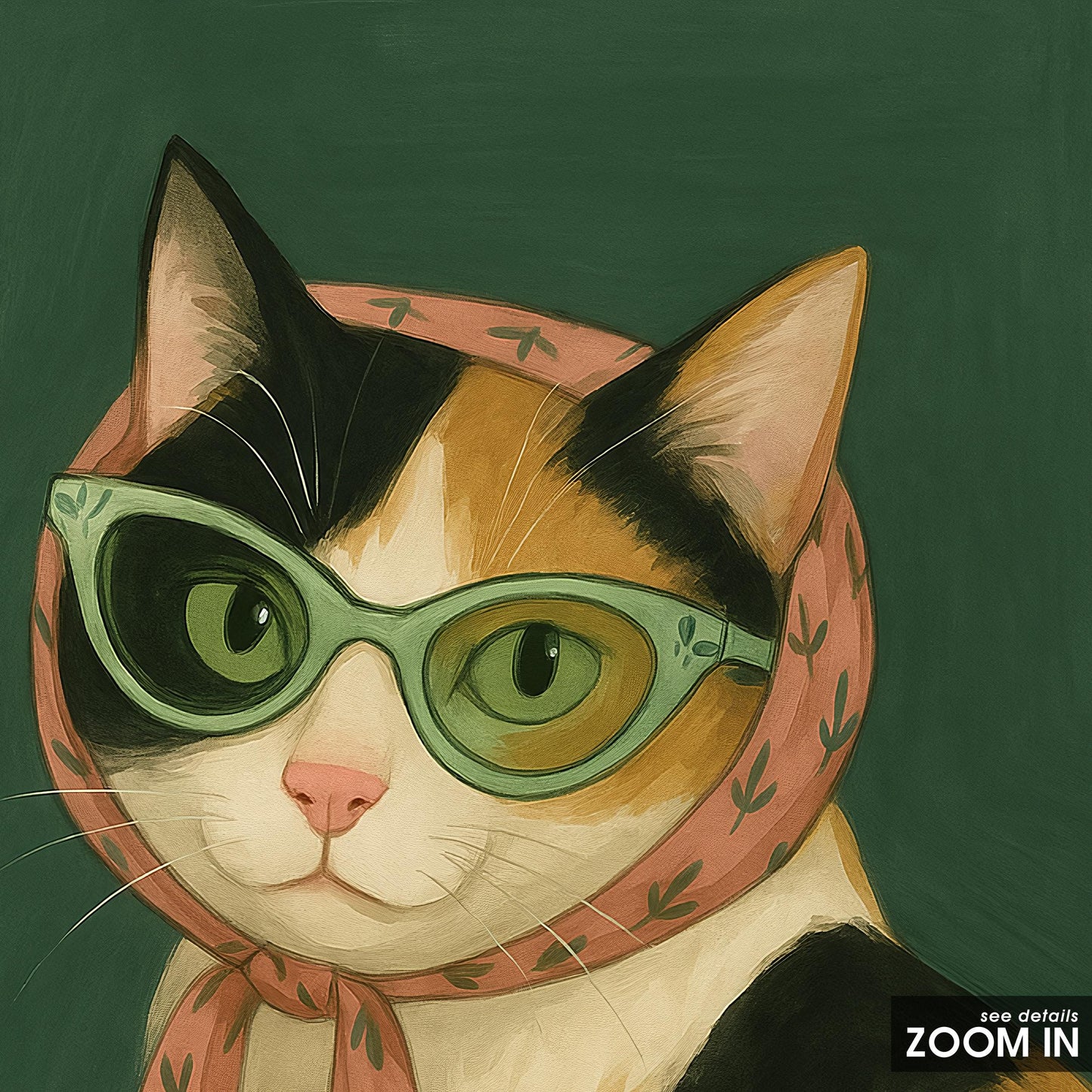Retro Cat Poster – Vintage Calico Cat Wall Art With Stylish Pink Scarf