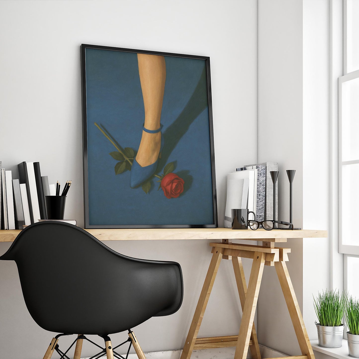 Blue Heel Rose Poster – Feminine Wall Art | Minimalist Retro Print With Bold Color