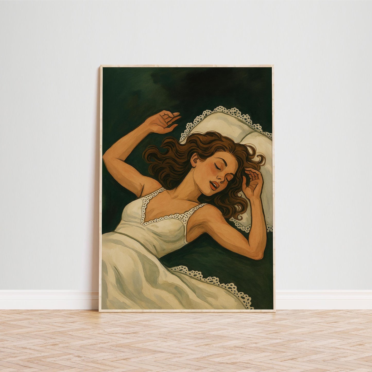 Feminine Sleep Art Print – Restful Bedroom Art in Calming Green Tones