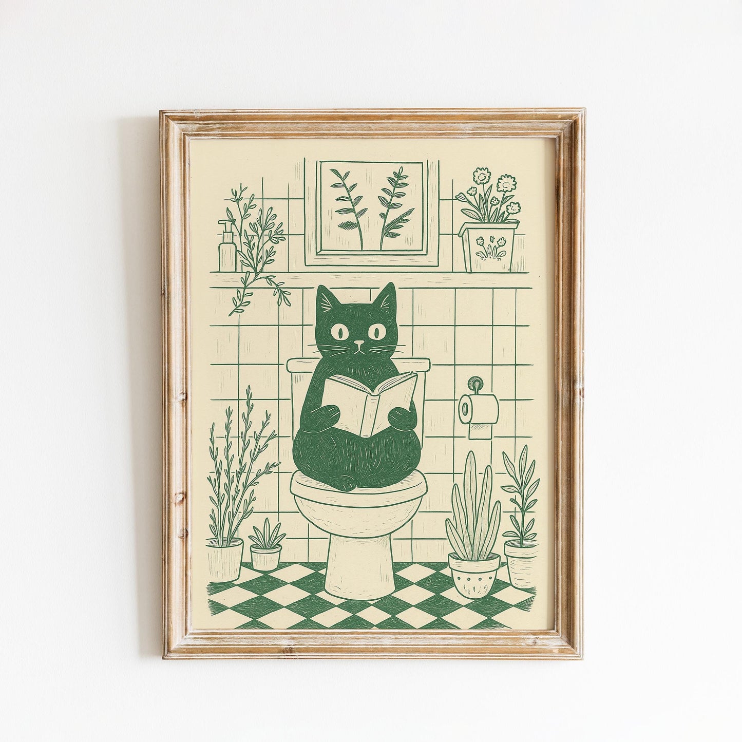 Bathroom Cat – Funny Minimal Line Art Poster, Cozy Bathroom Wall Decor