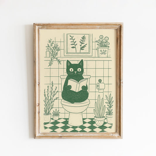 Bathroom Cat – Funny Minimal Line Art Poster, Cozy Bathroom Wall Decor