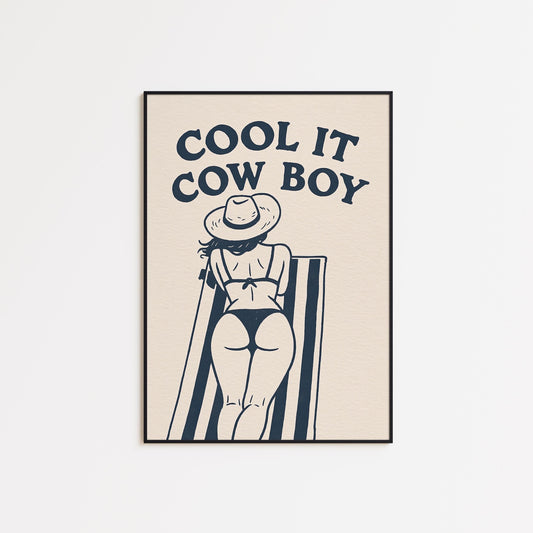 Cool It Cowboy Poster – Retro Cowgirl Bikini Print for Summer Wall Decor