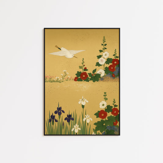 Japanese Vintage Wall Art – White Bird Print with Hollyhock Floral Decor