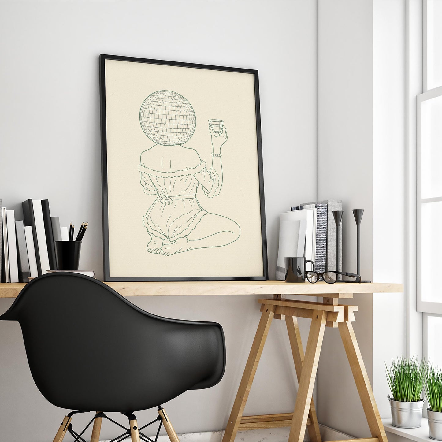 Disco Girl Line Art Print – Minimalist Retro Wall Art, Modern Feminine Poster