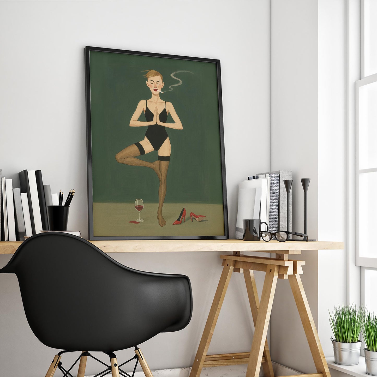 Bold Feminine Wall Art – Yoga Art Wine Poster | Modern Decor, Sensual Bedroom Print
