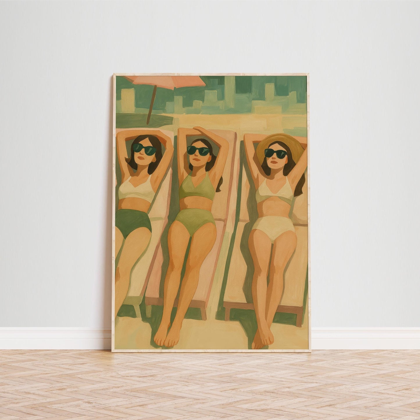 Retro Summer Art Print – Sun Sisters Feminine Poolside Poster With Vintage Swimsuit