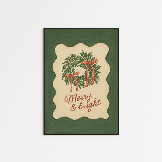 Christmas Wall Art – Merry & Bright Retro Green Holiday Poster