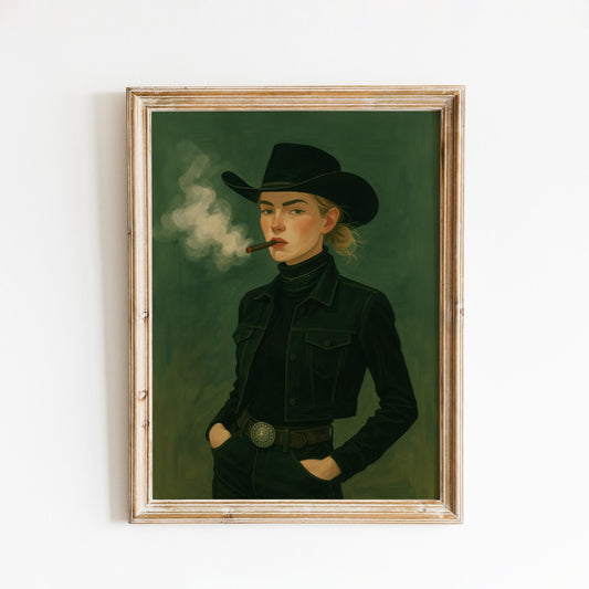 Cowgirl Smoking Cigar – Western Feminist Portrait Print | Moody Dark Tone Wall Art