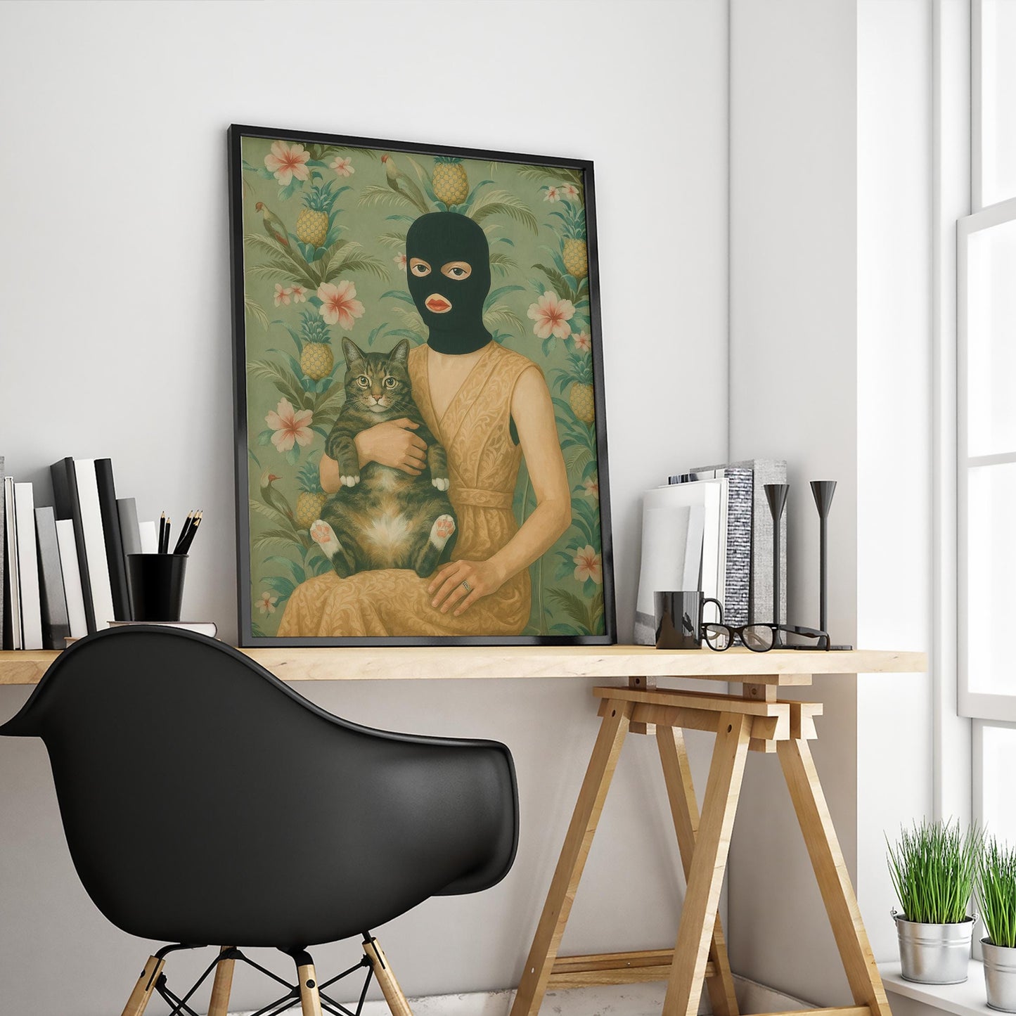 Masked Woman Poster – Surreal Wall Art With Cat, Vintage Gouache Print