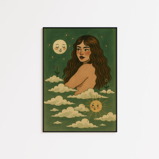 Sun and Moon Wall Art – Celestial Feminine Print With Green And Gold Palette