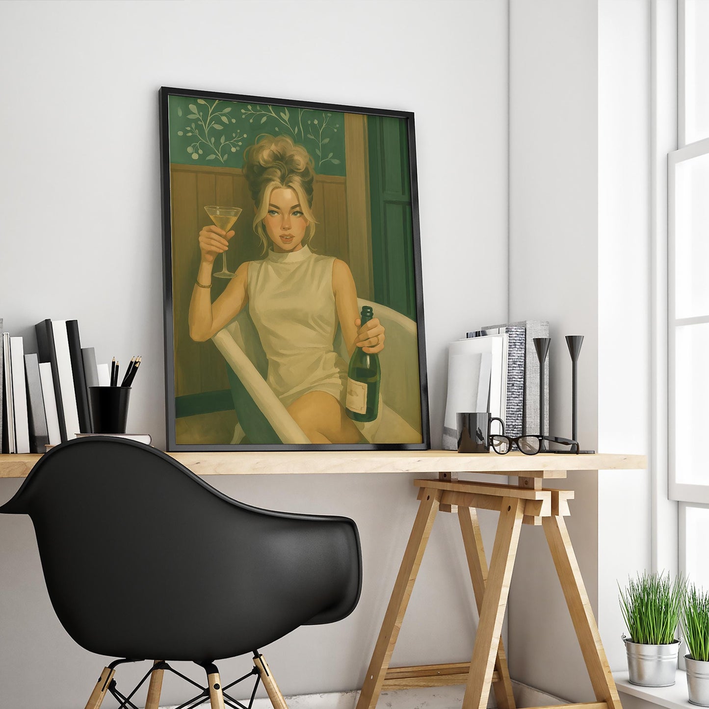 Vintage Glamour Art Print – Golden Hour Martini Olive Green Wall Art