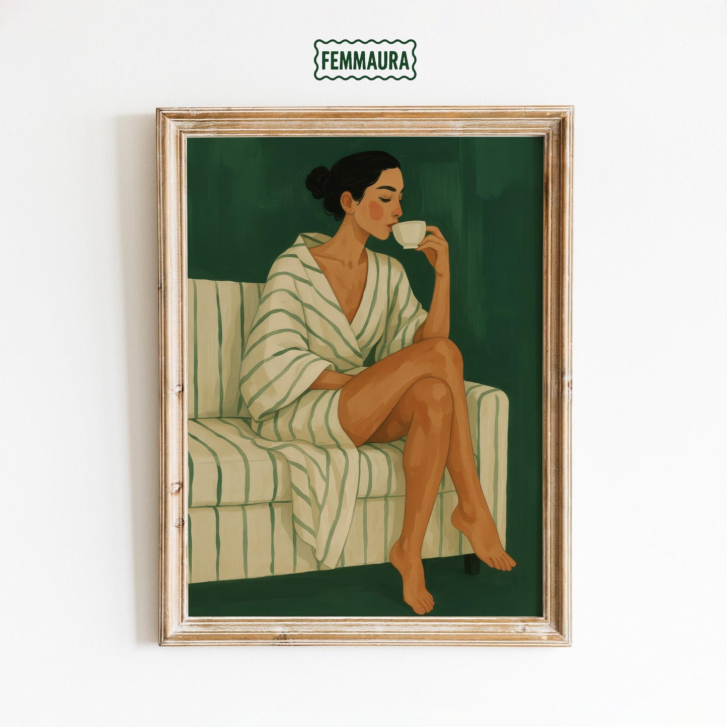 Calm Feminine Art Print – Morning Ritual Artwork | Striped Robe Wall Art