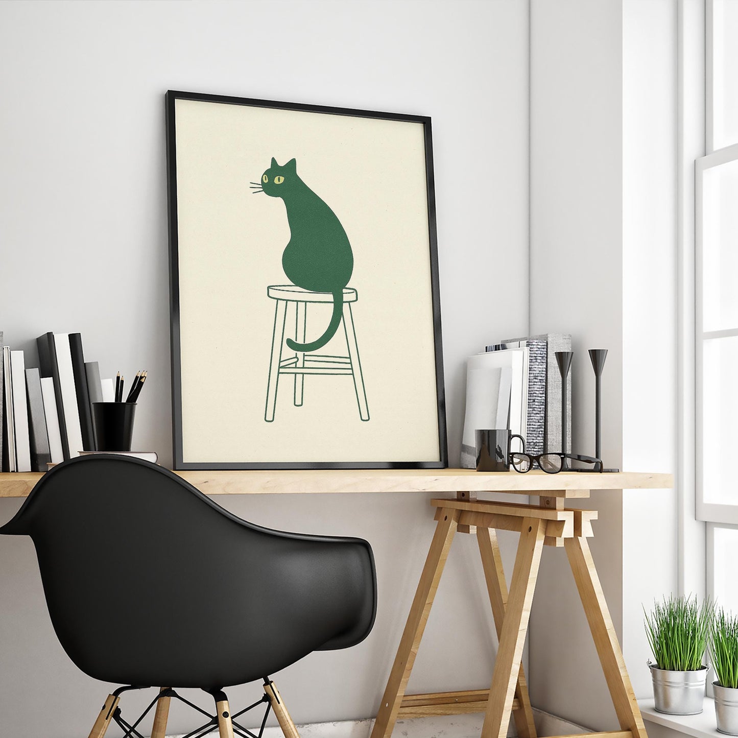 Minimal Cat on Stool – Scandinavian Line Art Poster, Cozy Neutral Wall Print