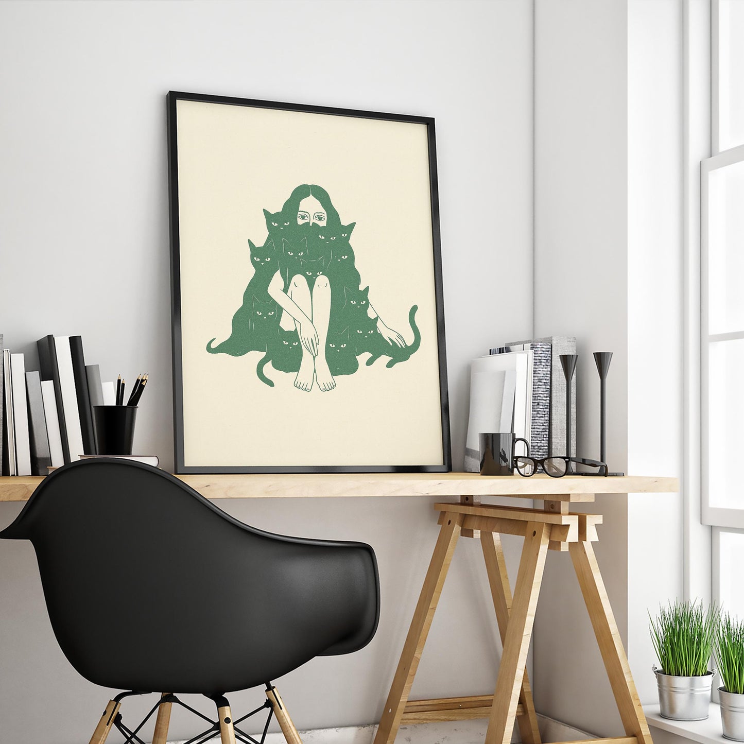 Woman with Cats Poster – Minimal Surreal Line Art Print, Femmaura Bold Series