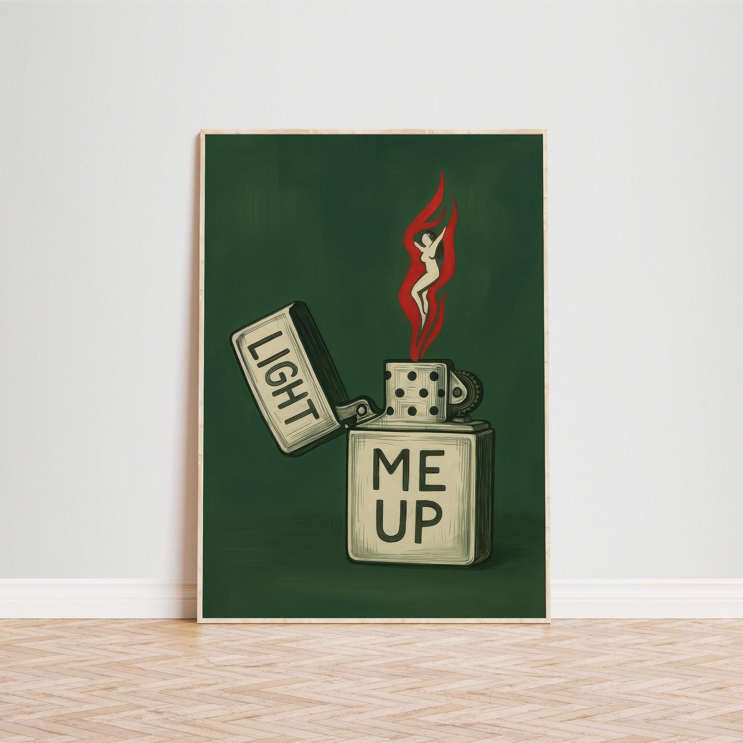Retro Lighter Art Print – Bold Green Wall Decor With Flame Woman Illustration