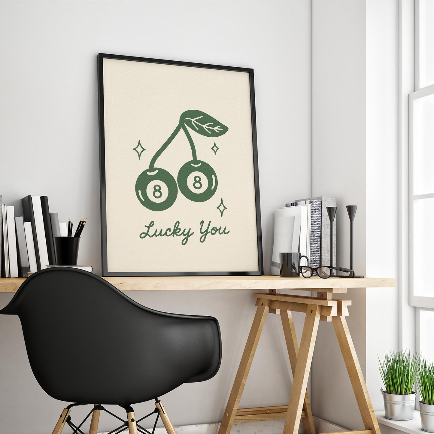 Lucky You Poster – Retro Cherry 8 Ball Minimal Line Art Print