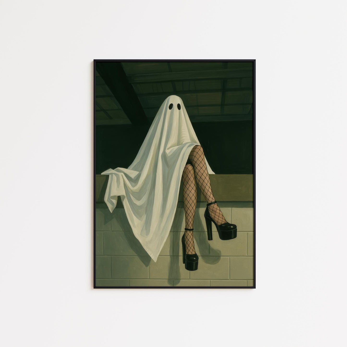 Gothic Wall Art – Surreal Ghost Print With Fishnet Stockings & Black Heels