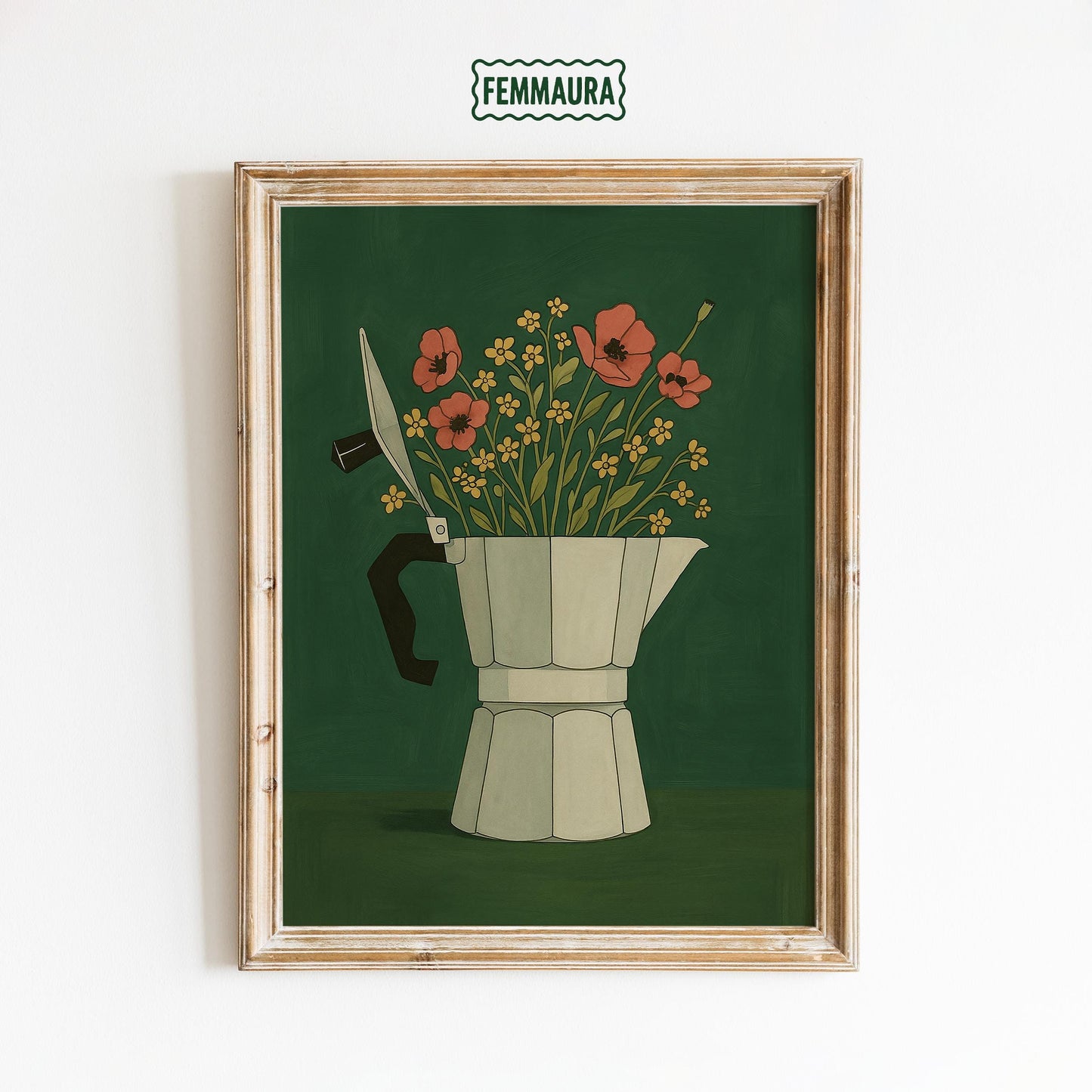 Moka Pot Poster – Vintage Coffee Art with Floral Coffee Print Vase Design