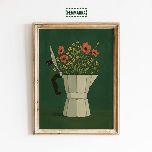 Moka Pot Poster – Vintage Coffee Art with Floral Coffee Print Vase Design
