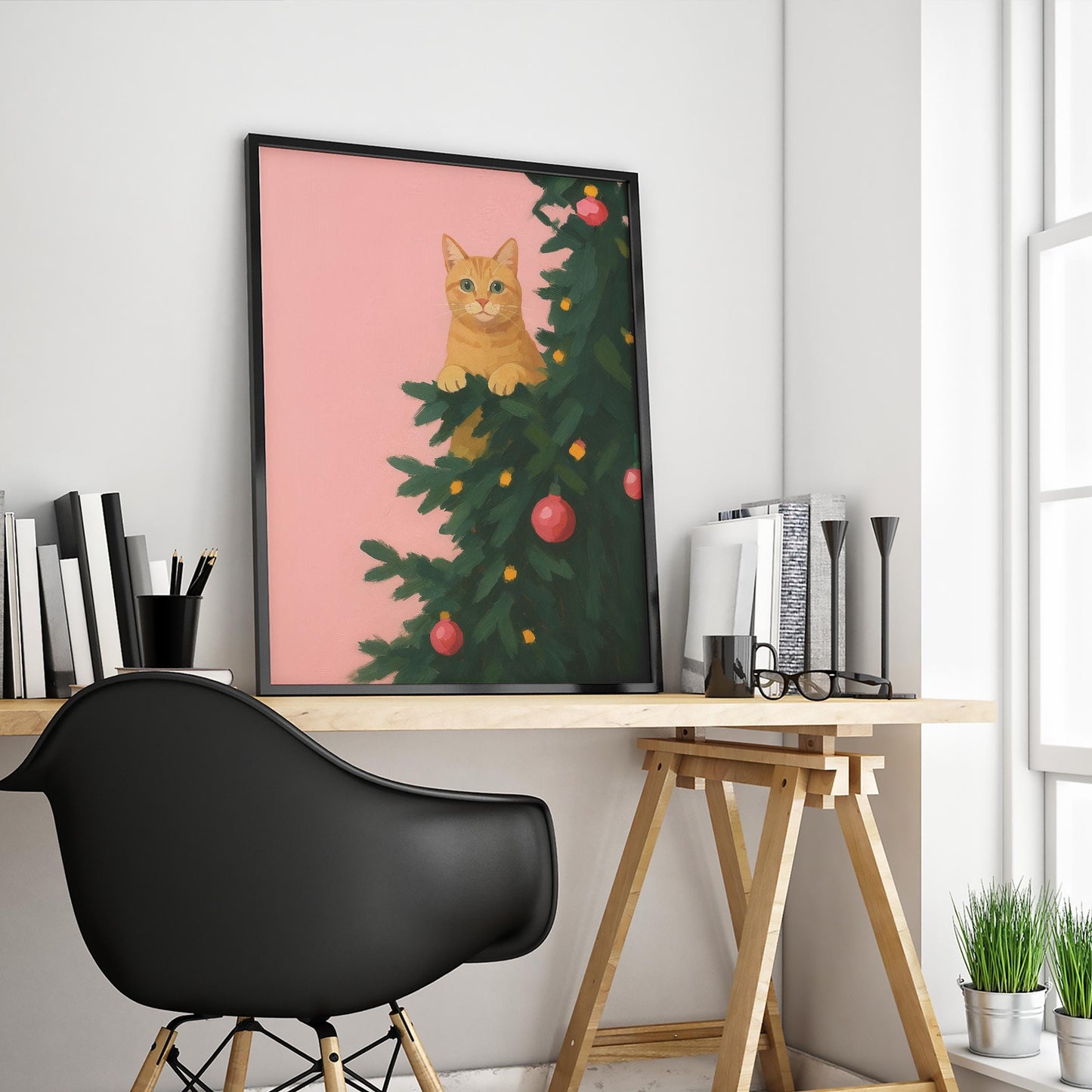 Christmas Cat Poster – Pink Retro Art | Cozy Holiday Wall Decor Gift