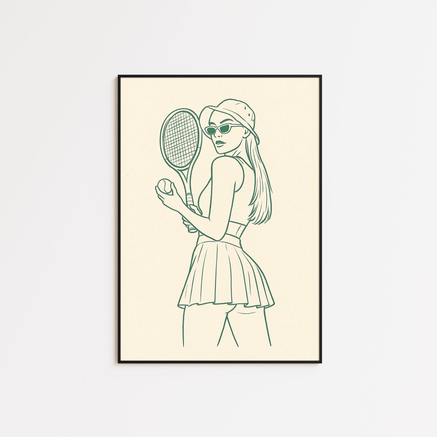 Vintage Tennis Girl Poster – Minimal Green Line Art Wall Print