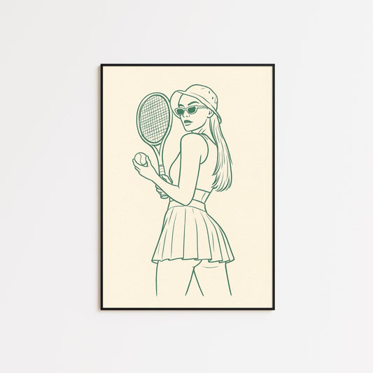 Vintage Tennis Girl Poster – Minimal Green Line Art Wall Print
