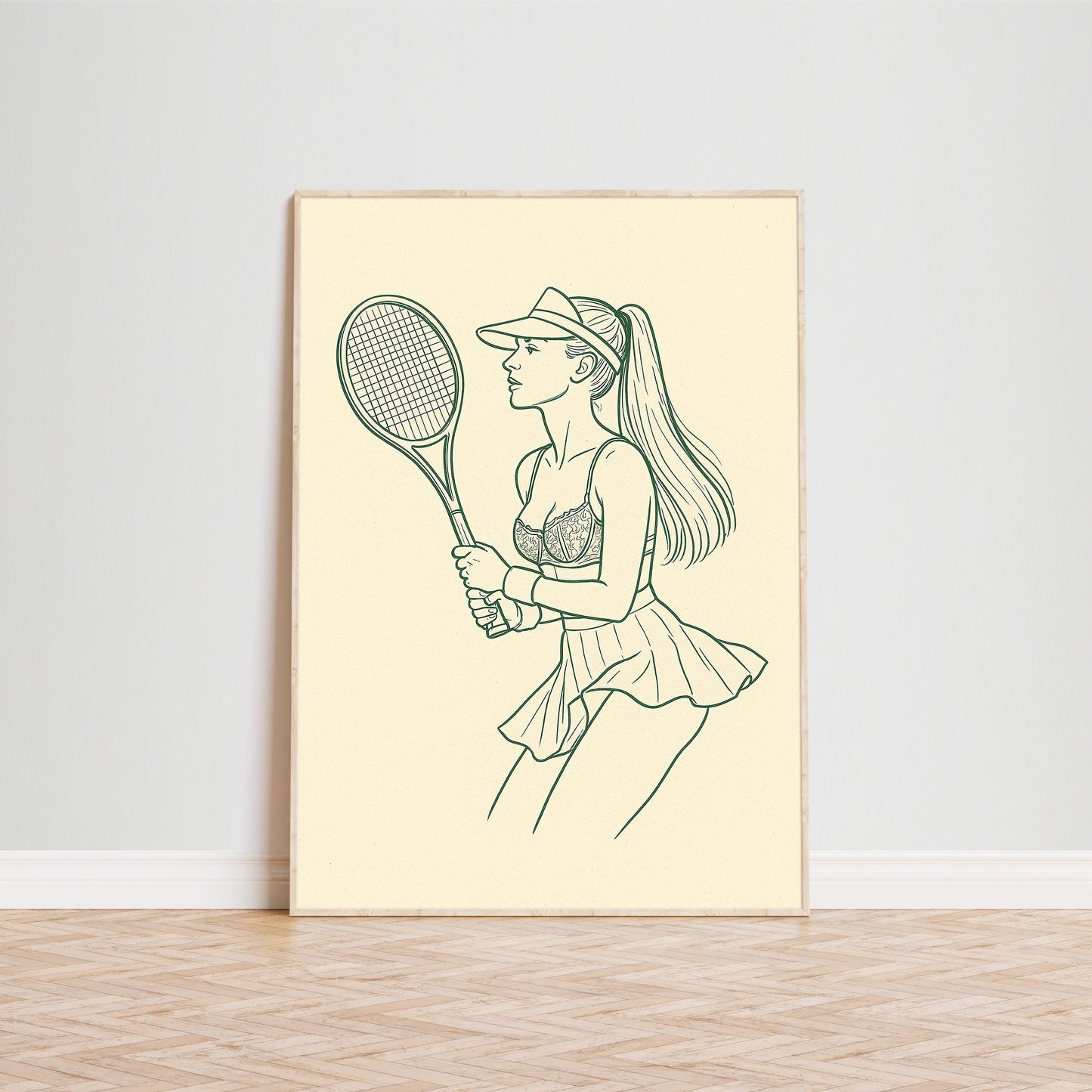 Female Tennis Player Poster – Minimal Vintage Line Art in Green