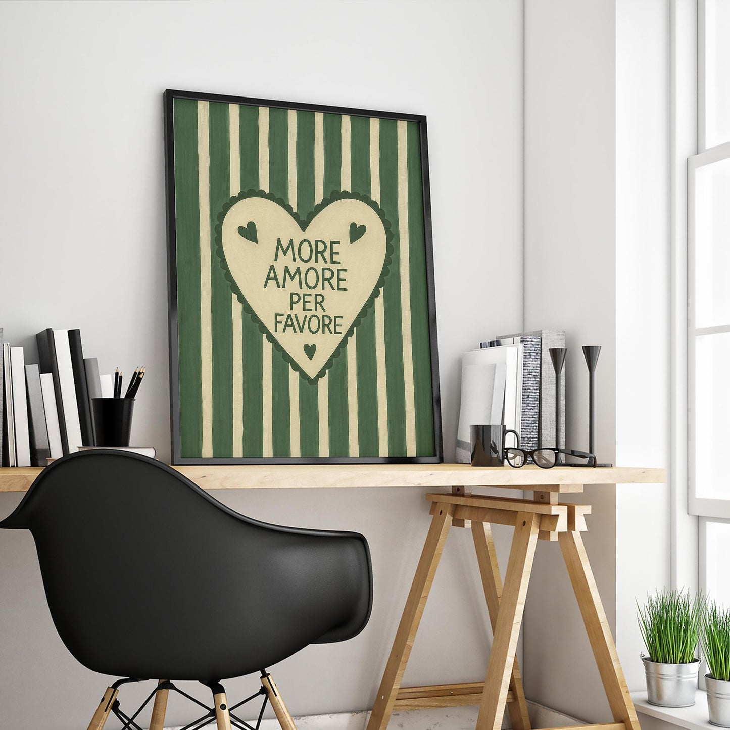 Italian Love Poster – Romantic Wall Art With Amore Quote & Green Stripes