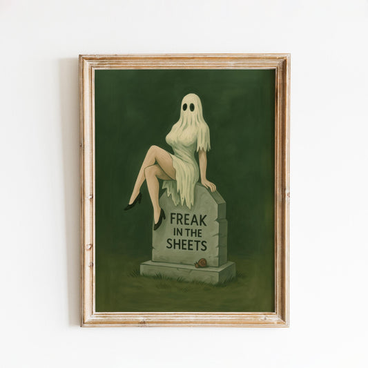 Sexy Halloween Art Print – Freak in the Sheets Ghost Girl Poster with Gothic Humor Decor