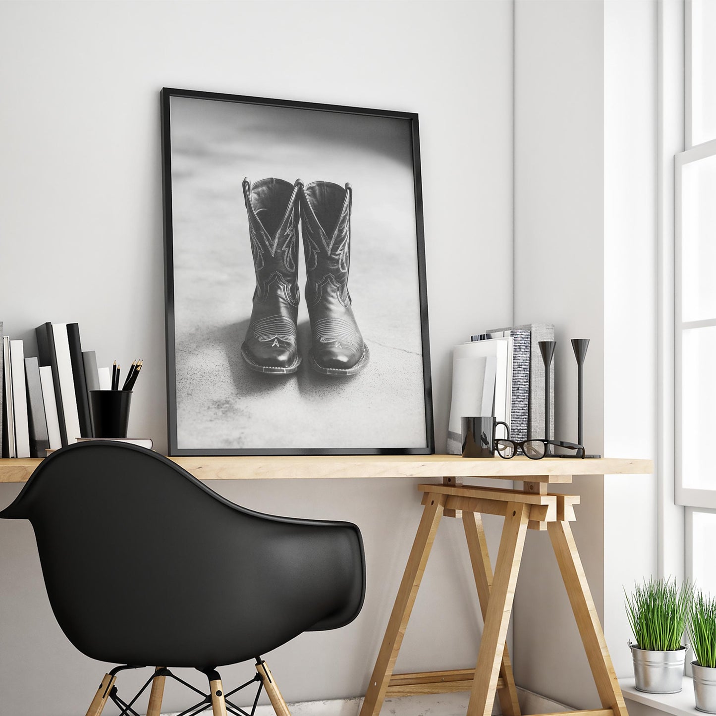 Black Cowboy Boots Poster – Western Monochrome Wall Art