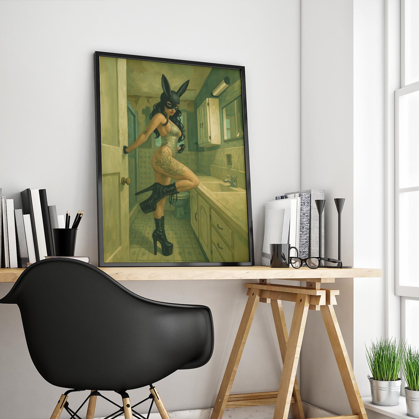 Bunny Mask Art Print – Bold Retro Woman Poster | Fetish Wall Art & Edgy Decor