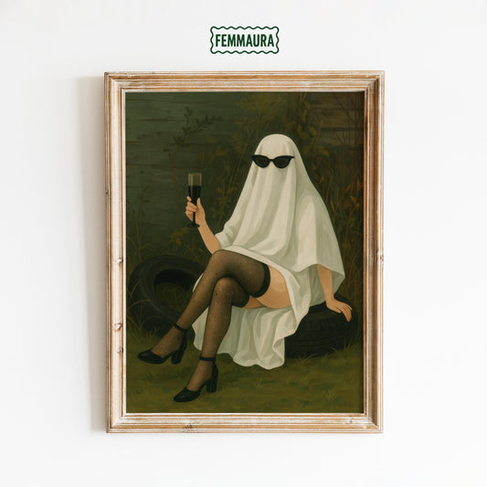 Gothic Glam Wall Art – Surreal Ghost Print With Champagne & Whimsical Decor