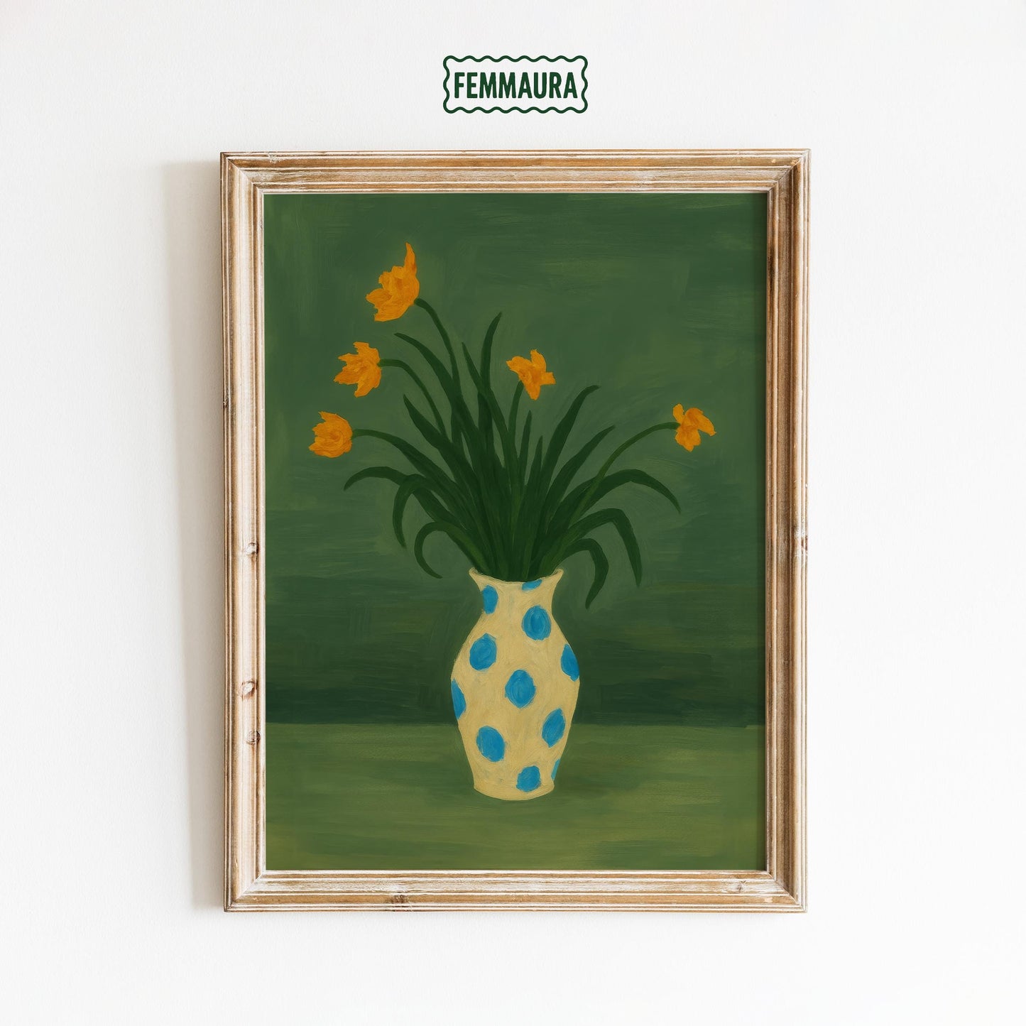 Yellow Tulips Wall Art – Playful Floral Bouquet in Blue Dot Vase Print