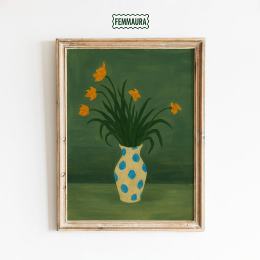 Yellow Tulips Wall Art – Playful Floral Bouquet in Blue Dot Vase Print