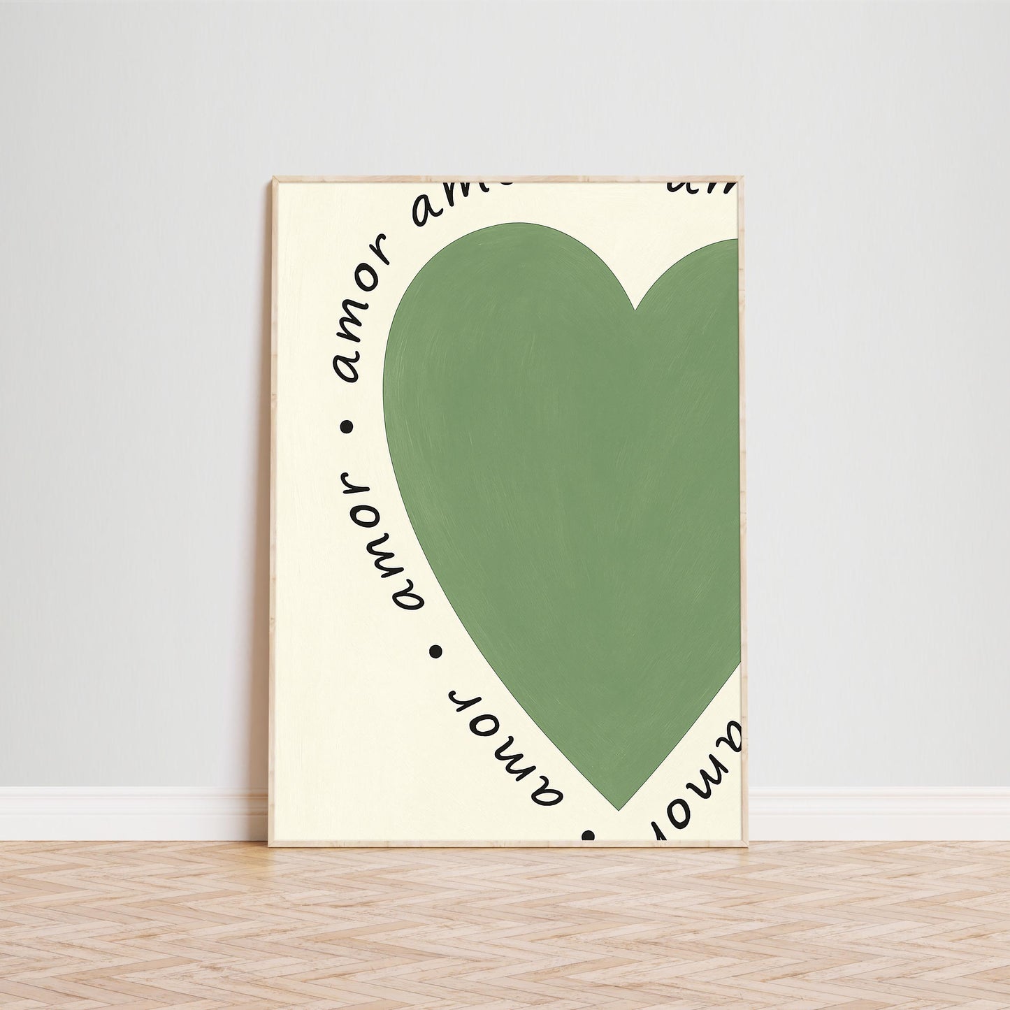 Amor Heart Poster – Minimalist Love Art | Retro Wall Art With Green Heart